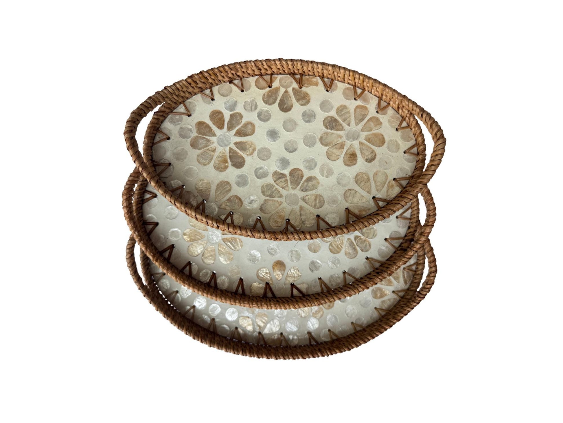 Oval Rattan Tray with Handles and Mother of Pearl Inlay Base, Handmade Woven Serving Tray, Boho Home Decor, Handmade Vietnam 153