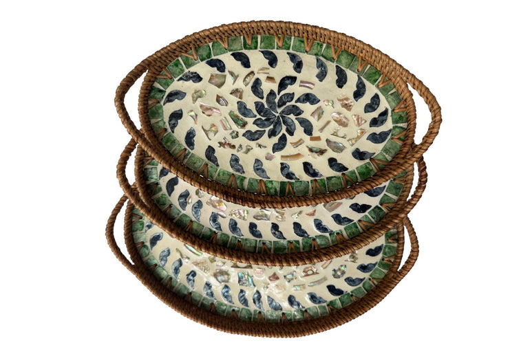 Oval Rattan Tray with Handles and Mother of Pearl Inlay Base, Handmade Woven Serving Tray, Boho Home Decor, Handmade Vietnam 130