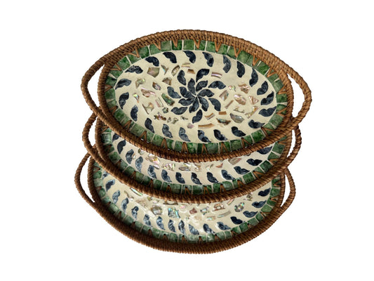Oval Rattan Tray with Handles and Mother of Pearl Inlay Base, Handmade Woven Serving Tray, Boho Home Decor, Handmade Vietnam 130