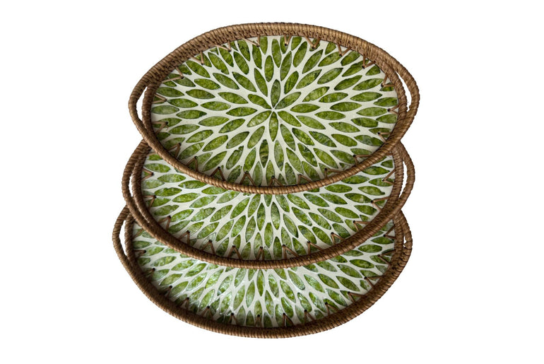 Oval Rattan Tray with Handles and Mother of Pearl Inlay Base, Handmade Woven Serving Tray, Boho Home Decor, Handmade Vietnam 115