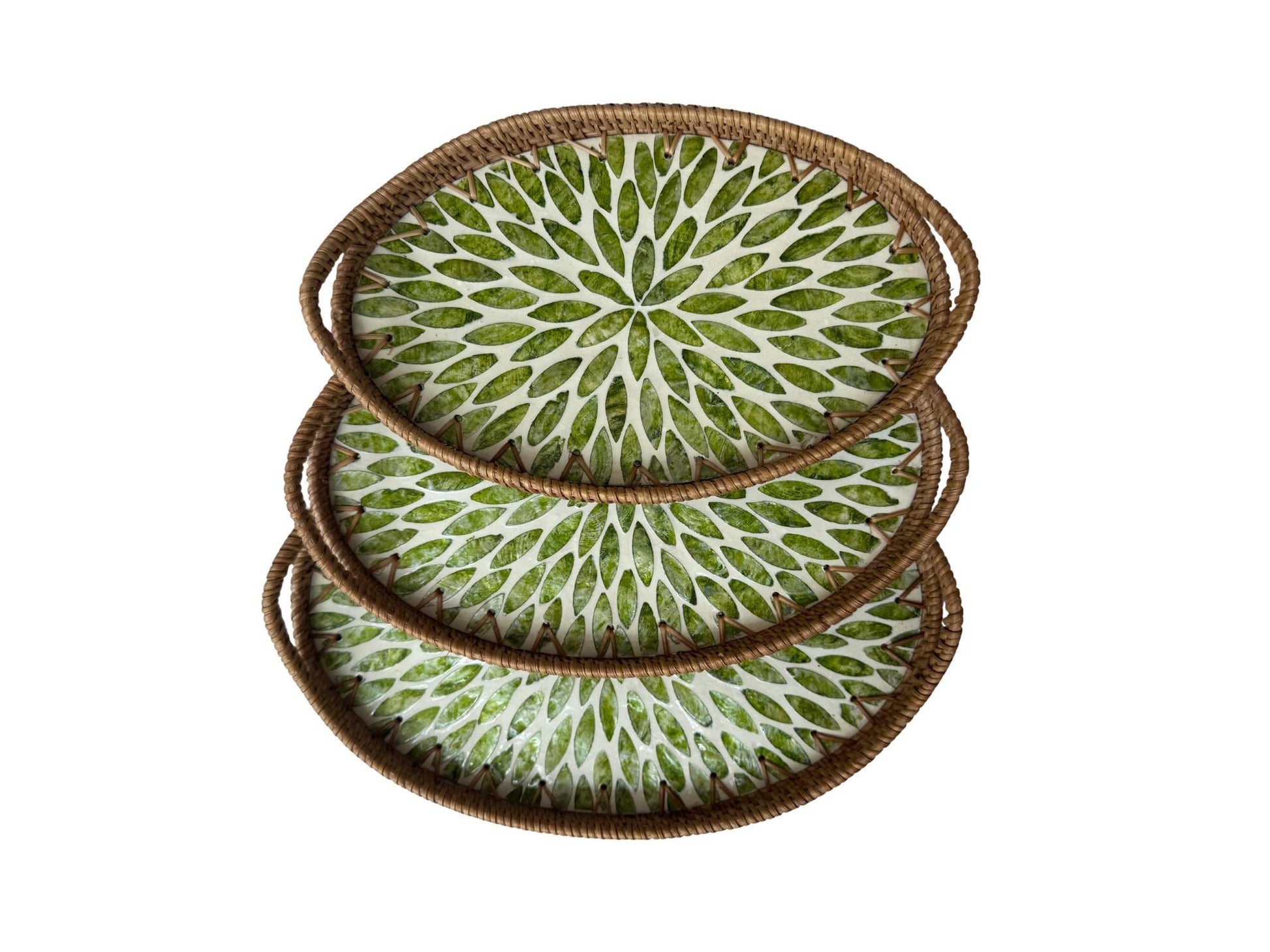 Oval Rattan Tray with Handles and Mother of Pearl Inlay Base, Handmade Woven Serving Tray, Boho Home Decor, Handmade Vietnam 115