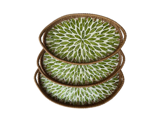 Oval Rattan Tray with Handles and Mother of Pearl Inlay Base, Handmade Woven Serving Tray, Boho Home Decor, Handmade Vietnam 115