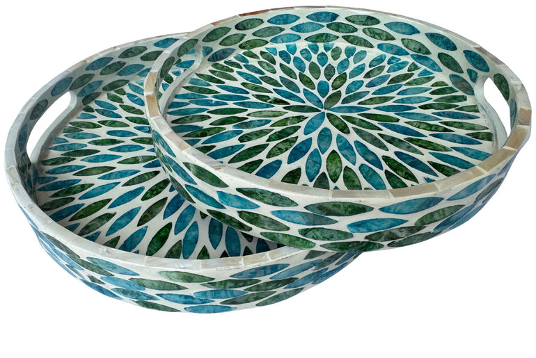 Handmade Round Shell Inlay Tray – Mother of Pearl Decorative Serving Tray, Elegant Coffee Table Organizer, Luxury Vanity Tray, Gift Idea
