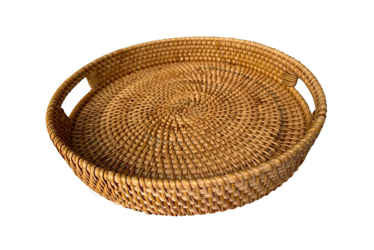 Round Rattan Serving Tray, Handwoven Natural Rattan Tray for Kitchen Table, Fruit Bread Display Tray,Rustic Home Decor Gift,Handmade Vietnam