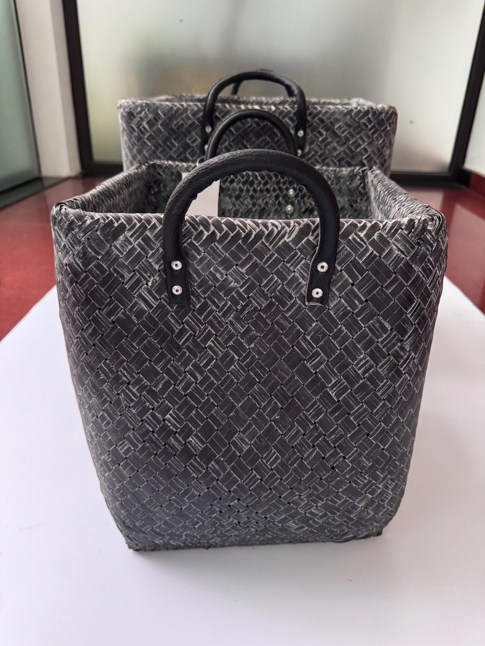 Handwoven Bamboo Storage Basket with Leather Handles, Large Natural Woven Basket for Home Storage, Laundry or Decor Basket