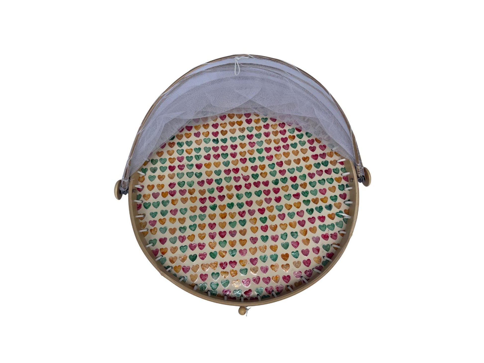 Round Bamboo Food Cover with Mesh Dome, Mother of Pearl Inlay Bamboo Tray, Handmade Food Protector, Kitchen Serving Tray 16 Inch 168