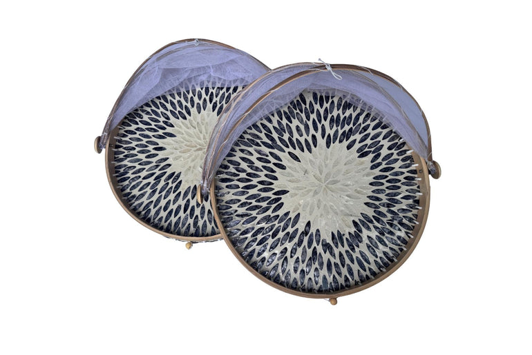 Round Bamboo Food Cover with Mesh Dome, Mother of Pearl Inlay Bamboo Tray, Handmade Food Protector, Kitchen Serving Tray 16 Inch 169