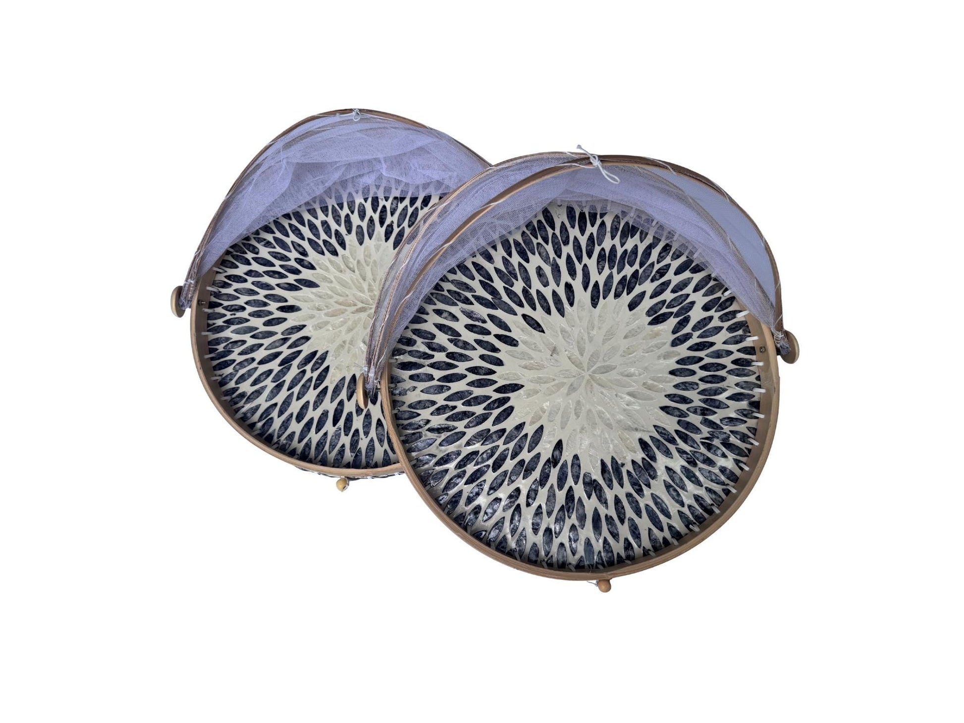 Round Bamboo Food Cover with Mesh Dome, Mother of Pearl Inlay Bamboo Tray, Handmade Food Protector, Kitchen Serving Tray 16 Inch 169