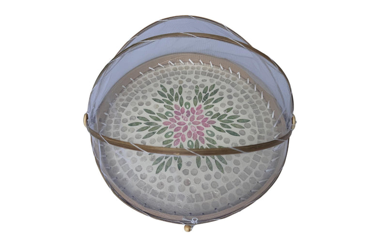 Round Bamboo Food Cover with Mesh Dome, Mother of Pearl Inlay Bamboo Tray, Handmade Food Protector, Kitchen Serving Tray 16 Inch 167
