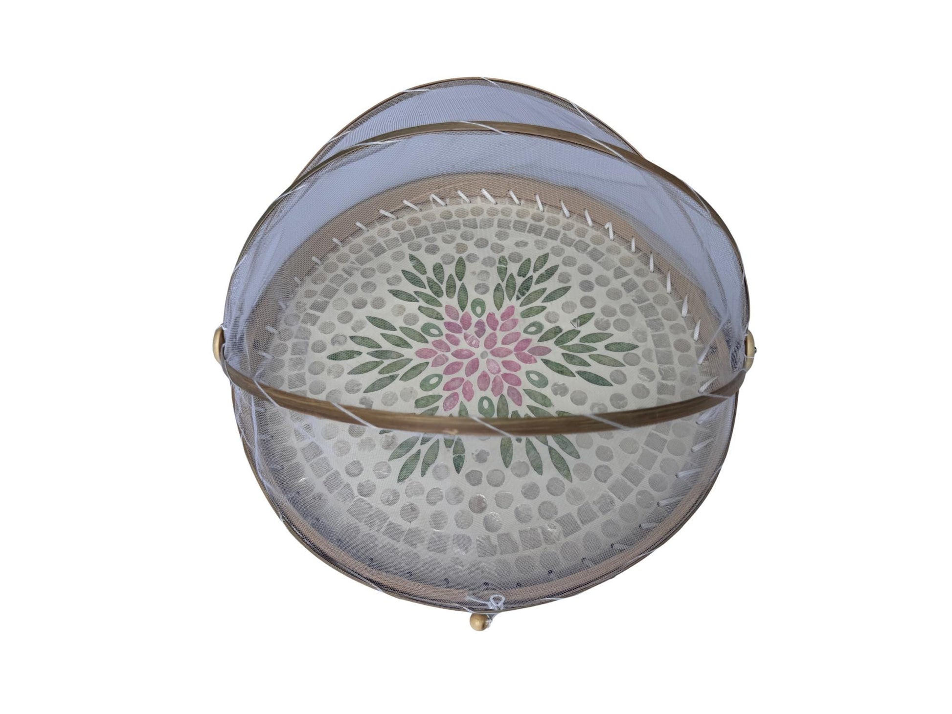 Round Bamboo Food Cover with Mesh Dome, Mother of Pearl Inlay Bamboo Tray, Handmade Food Protector, Kitchen Serving Tray 16 Inch 167
