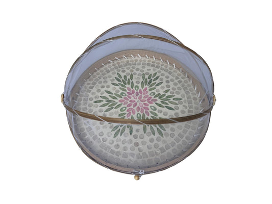 Round Bamboo Food Cover with Mesh Dome, Mother of Pearl Inlay Bamboo Tray, Handmade Food Protector, Kitchen Serving Tray 16 Inch 167