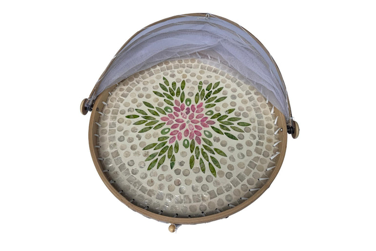 Round Bamboo Food Cover with Mesh Dome, Mother of Pearl Inlay Bamboo Tray, Handmade Food Protector, Kitchen Serving Tray 16 Inch 167