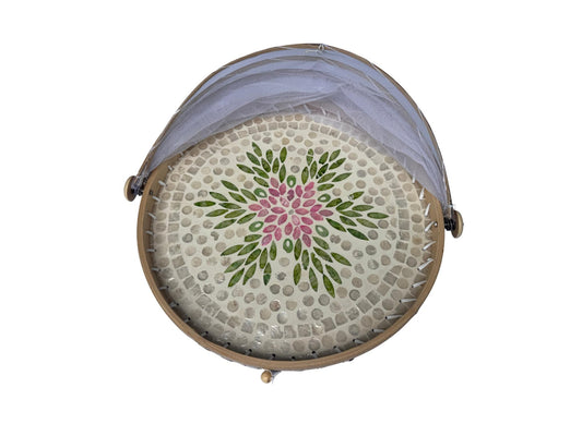 Round Bamboo Food Cover with Mesh Dome, Mother of Pearl Inlay Bamboo Tray, Handmade Food Protector, Kitchen Serving Tray 16 Inch 167
