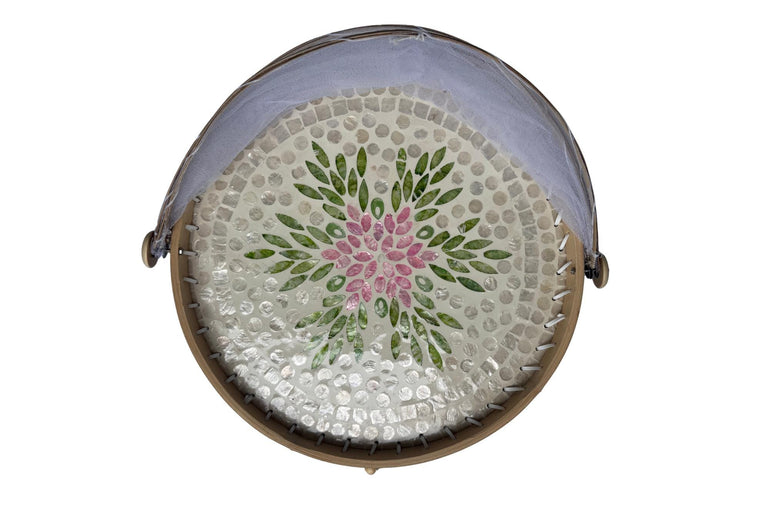 Round Bamboo Food Cover with Mesh Dome, Mother of Pearl Inlay Bamboo Tray, Handmade Food Protector, Kitchen Serving Tray 16 Inch 167