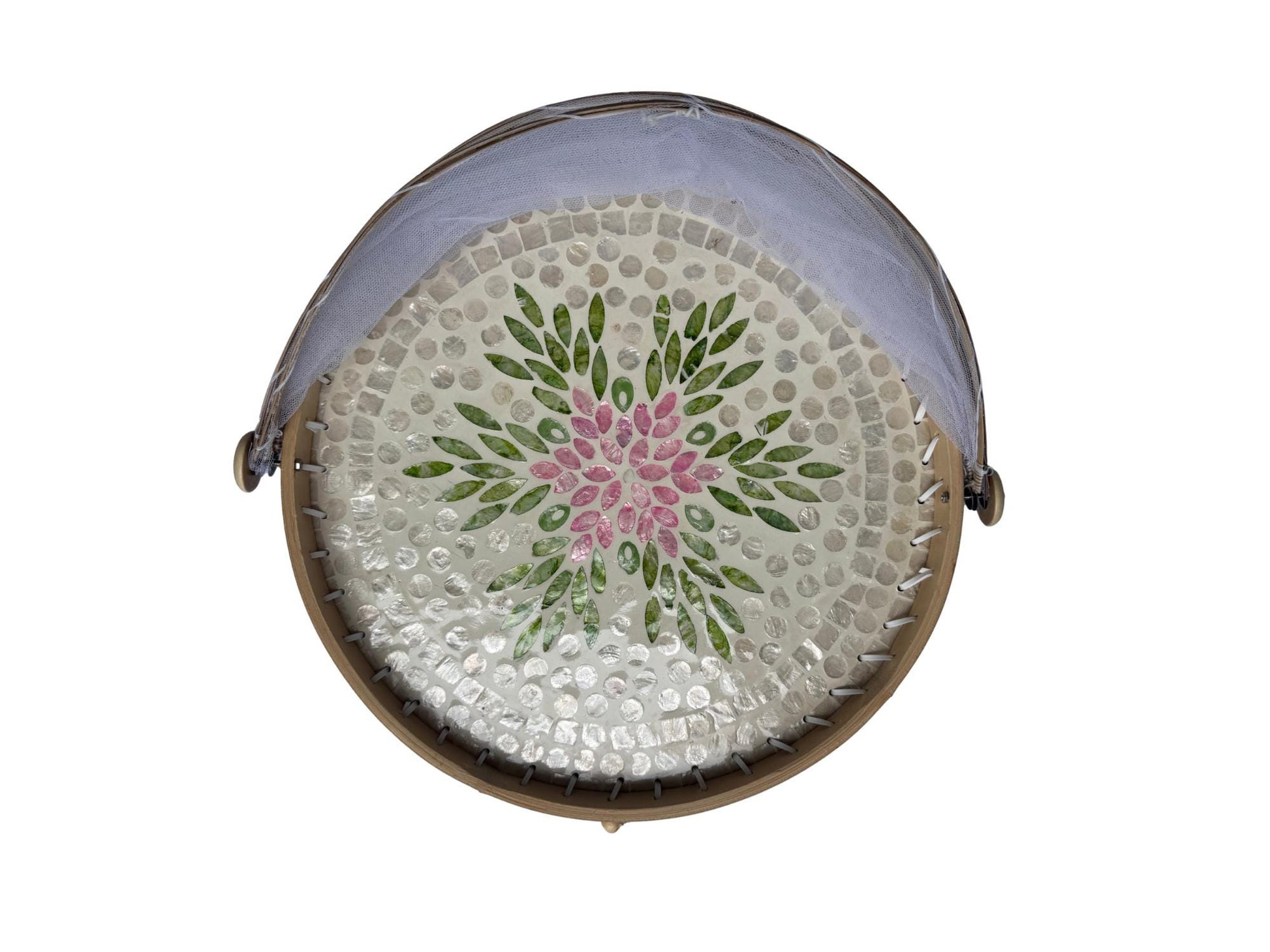 Round Bamboo Food Cover with Mesh Dome, Mother of Pearl Inlay Bamboo Tray, Handmade Food Protector, Kitchen Serving Tray 16 Inch 167