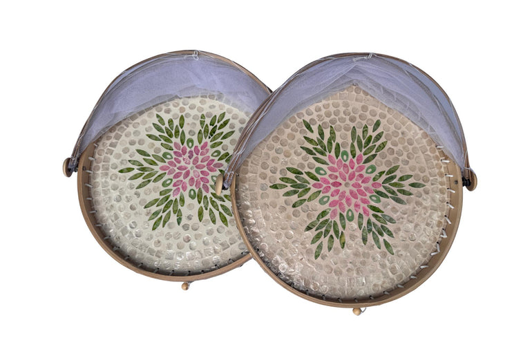 Round Bamboo Food Cover with Mesh Dome, Mother of Pearl Inlay Bamboo Tray, Handmade Food Protector, Kitchen Serving Tray 16 Inch 167
