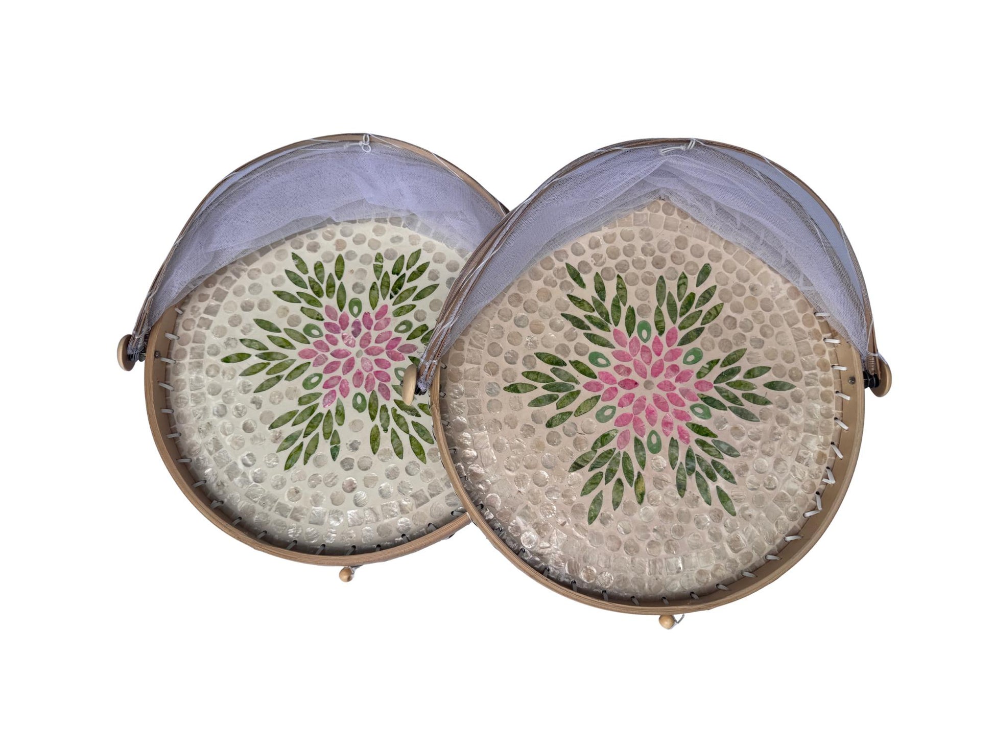 Round Bamboo Food Cover with Mesh Dome, Mother of Pearl Inlay Bamboo Tray, Handmade Food Protector, Kitchen Serving Tray 16 Inch 167