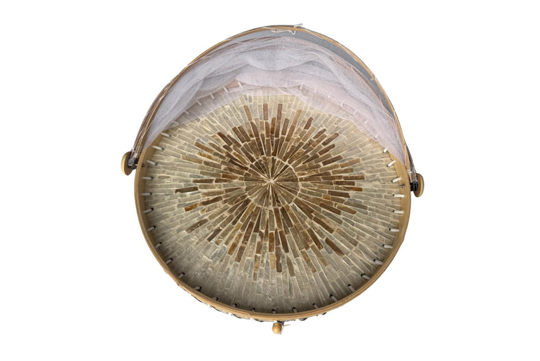 Round Bamboo Food Cover with Mesh Dome, Mother of Pearl Inlay Bamboo Tray, Handmade Food Protector, Kitchen Serving Tray 16 Inch 166