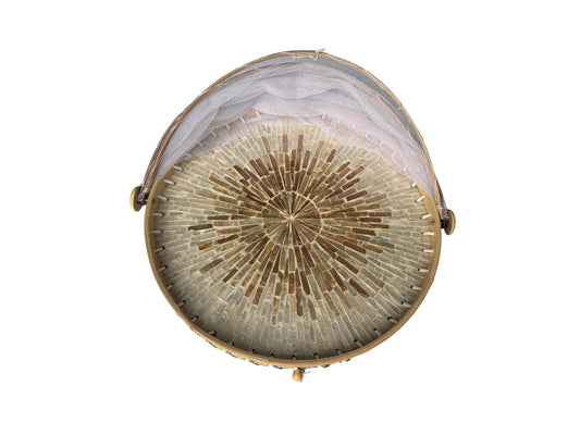 Round Bamboo Food Cover with Mesh Dome, Mother of Pearl Inlay Bamboo Tray, Handmade Food Protector, Kitchen Serving Tray 16 Inch 166