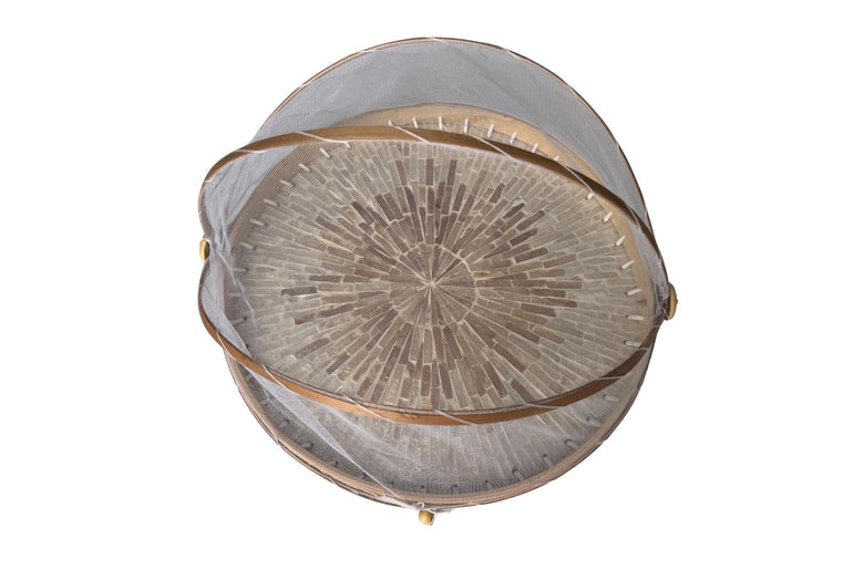Round Bamboo Food Cover with Mesh Dome, Mother of Pearl Inlay Bamboo Tray, Handmade Food Protector, Kitchen Serving Tray 16 Inch 166
