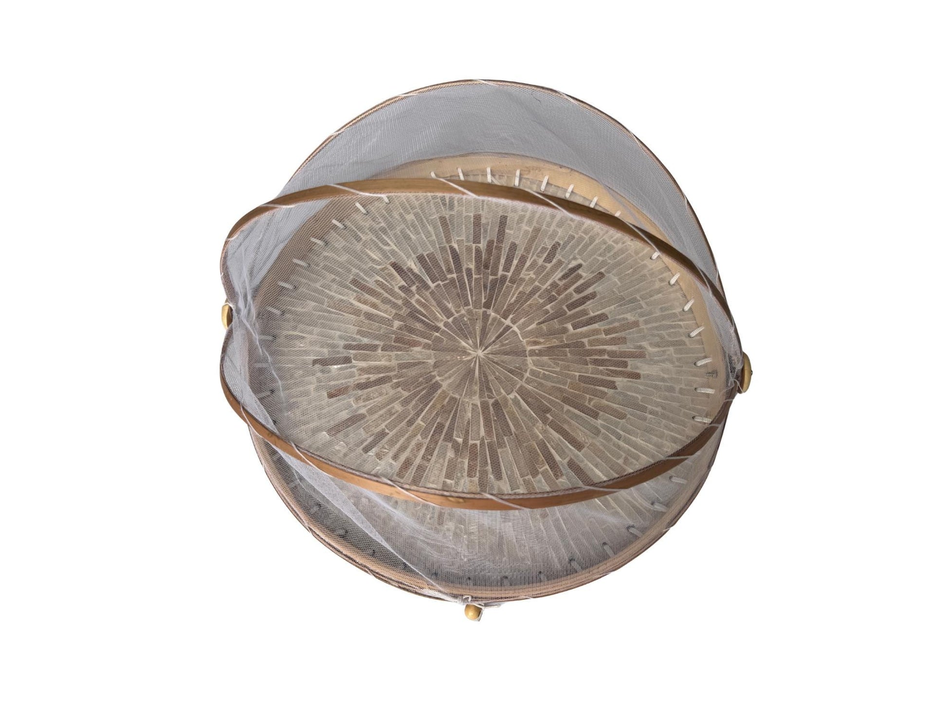 Round Bamboo Food Cover with Mesh Dome, Mother of Pearl Inlay Bamboo Tray, Handmade Food Protector, Kitchen Serving Tray 16 Inch 166