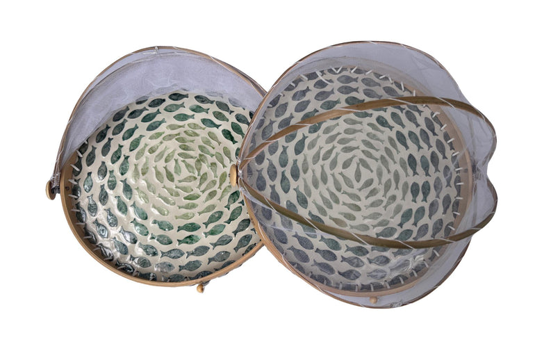Round Bamboo Food Cover with Mesh Dome, Mother of Pearl Inlay Bamboo Tray, Handmade Food Protector, Kitchen Serving Tray 16 Inch 138