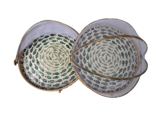 Round Bamboo Food Cover with Mesh Dome, Mother of Pearl Inlay Bamboo Tray, Handmade Food Protector, Kitchen Serving Tray 16 Inch 138