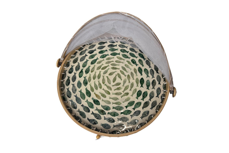 Round Bamboo Food Cover with Mesh Dome, Mother of Pearl Inlay Bamboo Tray, Handmade Food Protector, Kitchen Serving Tray 16 Inch 138