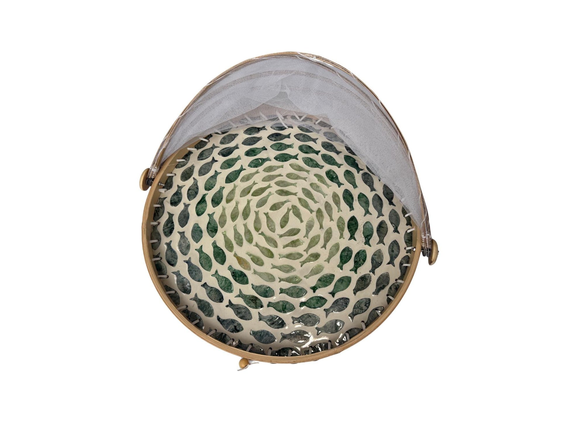 Round Bamboo Food Cover with Mesh Dome, Mother of Pearl Inlay Bamboo Tray, Handmade Food Protector, Kitchen Serving Tray 16 Inch 138