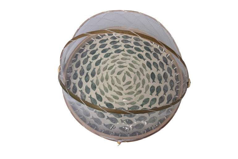 Round Bamboo Food Cover with Mesh Dome, Mother of Pearl Inlay Bamboo Tray, Handmade Food Protector, Kitchen Serving Tray 16 Inch 138