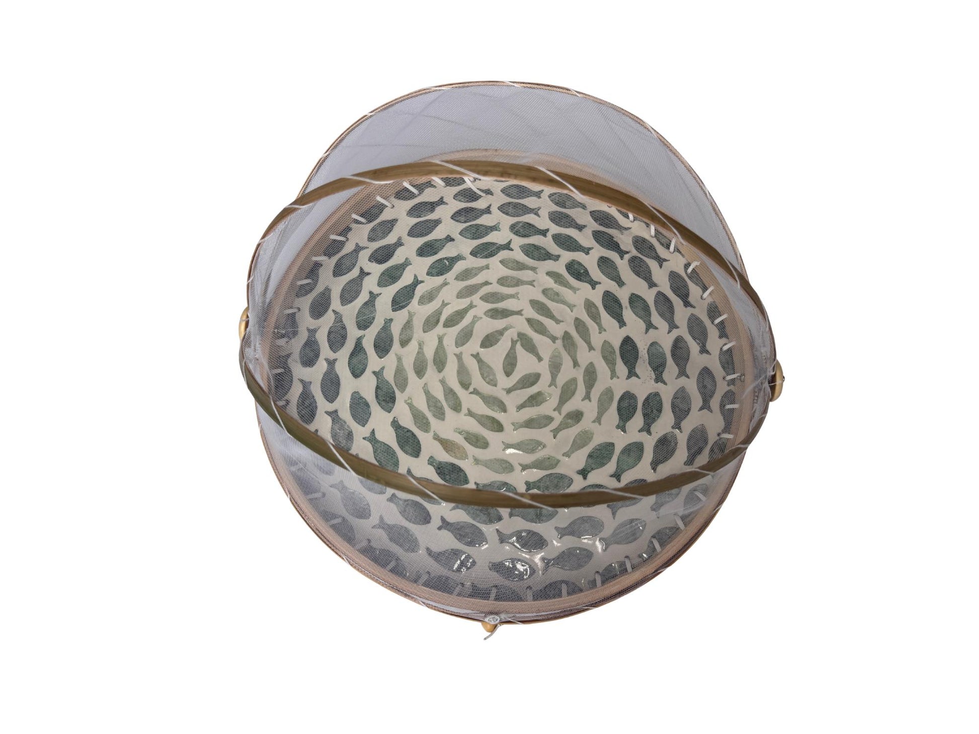 Round Bamboo Food Cover with Mesh Dome, Mother of Pearl Inlay Bamboo Tray, Handmade Food Protector, Kitchen Serving Tray 16 Inch 138