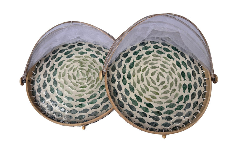 Round Bamboo Food Cover with Mesh Dome, Mother of Pearl Inlay Bamboo Tray, Handmade Food Protector, Kitchen Serving Tray 16 Inch 138