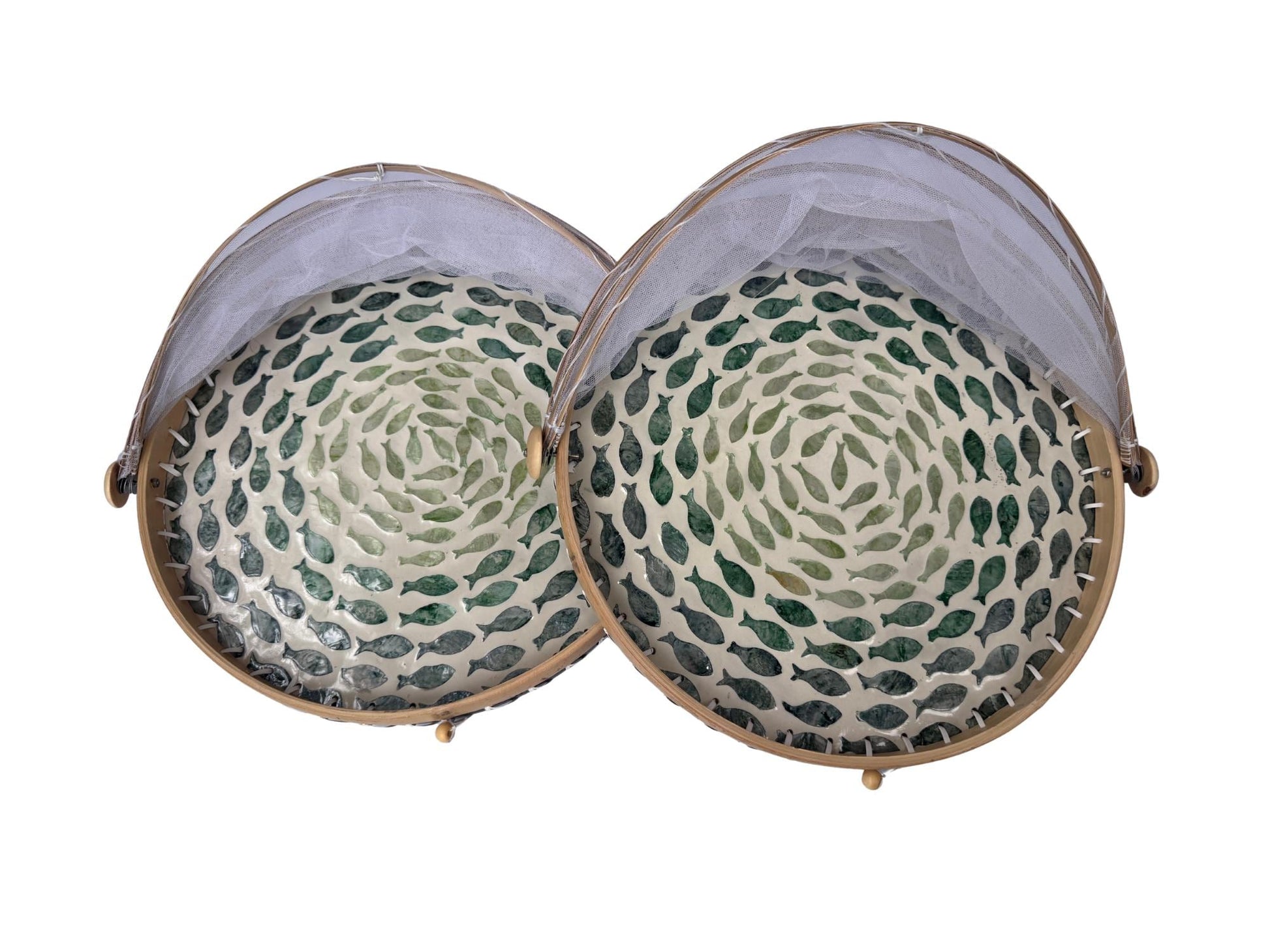 Round Bamboo Food Cover with Mesh Dome, Mother of Pearl Inlay Bamboo Tray, Handmade Food Protector, Kitchen Serving Tray 16 Inch 138