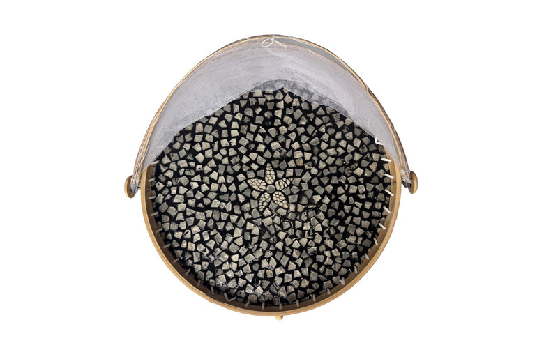 Round Bamboo Food Cover with Mesh Dome, Mother of Pearl Inlay Bamboo Tray, Handmade Food Protector, Kitchen Serving Tray 16 Inch 165
