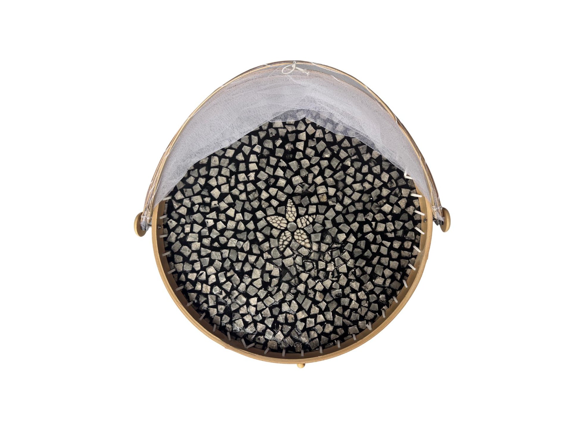 Round Bamboo Food Cover with Mesh Dome, Mother of Pearl Inlay Bamboo Tray, Handmade Food Protector, Kitchen Serving Tray 16 Inch 165
