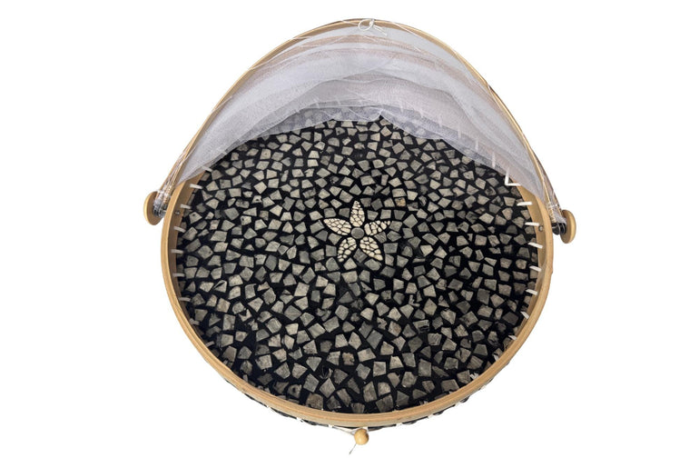 Round Bamboo Food Cover with Mesh Dome, Mother of Pearl Inlay Bamboo Tray, Handmade Food Protector, Kitchen Serving Tray 16 Inch 165