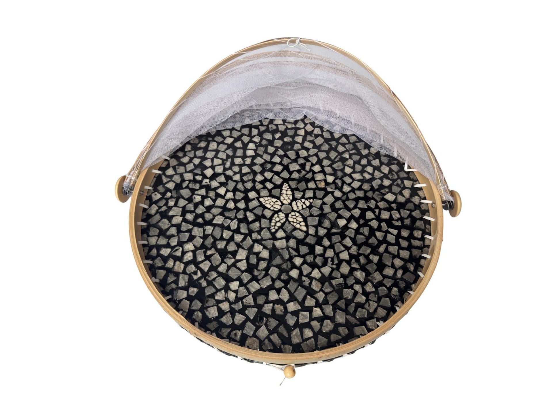 Round Bamboo Food Cover with Mesh Dome, Mother of Pearl Inlay Bamboo Tray, Handmade Food Protector, Kitchen Serving Tray 16 Inch 165