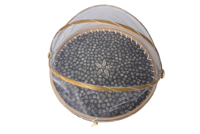 Round Bamboo Food Cover with Mesh Dome, Mother of Pearl Inlay Bamboo Tray, Handmade Food Protector, Kitchen Serving Tray 16 Inch 165