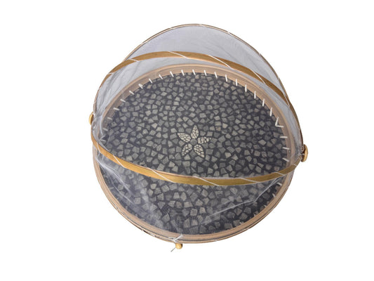 Round Bamboo Food Cover with Mesh Dome, Mother of Pearl Inlay Bamboo Tray, Handmade Food Protector, Kitchen Serving Tray 16 Inch 165