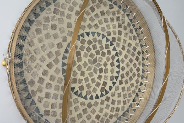 Handmade Bamboo Food Cover with Mesh Net Dome, Round Mother of Pearl Inlay Serving Tray, Large Kitchen Food Protector 18 Inch