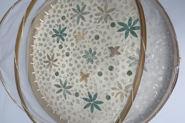 Handmade Bamboo Food Cover with Mesh Net Dome, Round Mother of Pearl Inlay Serving Tray, Large Kitchen Food Protector 18 Inch