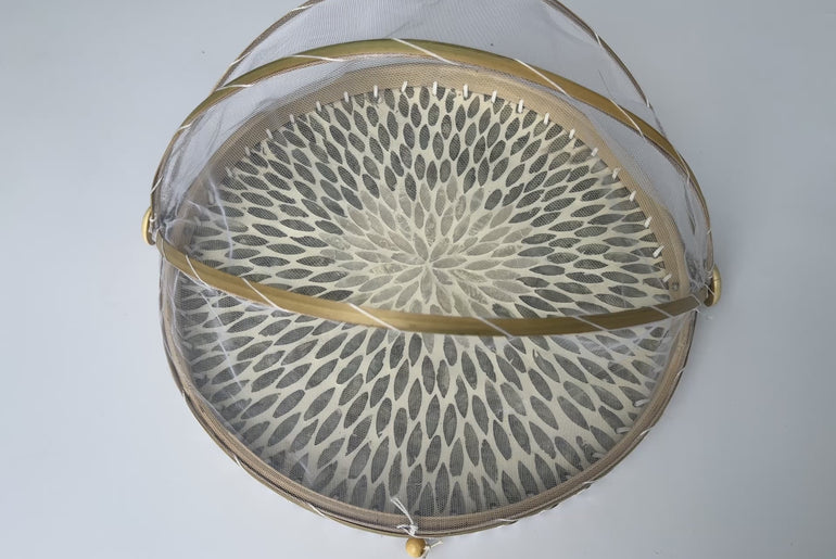 Round Bamboo Food Cover with Mesh Dome, Mother of Pearl Inlay Bamboo Tray, Handmade Food Protector, Kitchen Serving Tray 16 Inch