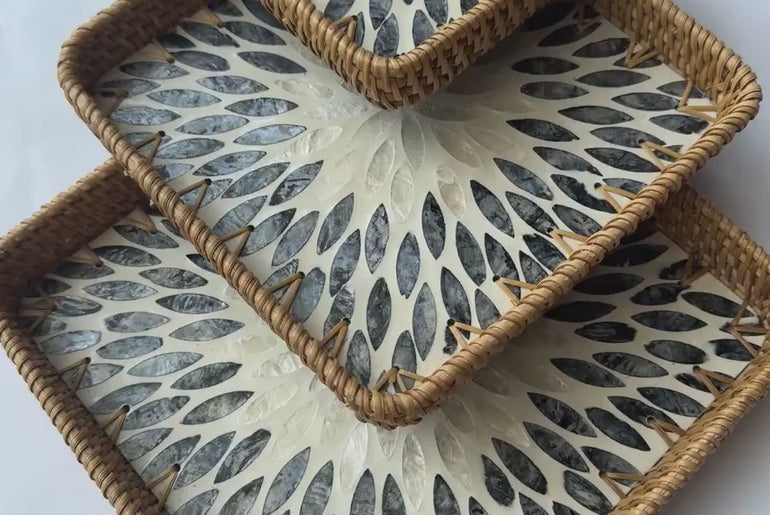 Square Rattan Tray with Mother of Pearl Inlay Base, Handmade Woven Serving Tray, Boho Coastal Coffee Table Decor